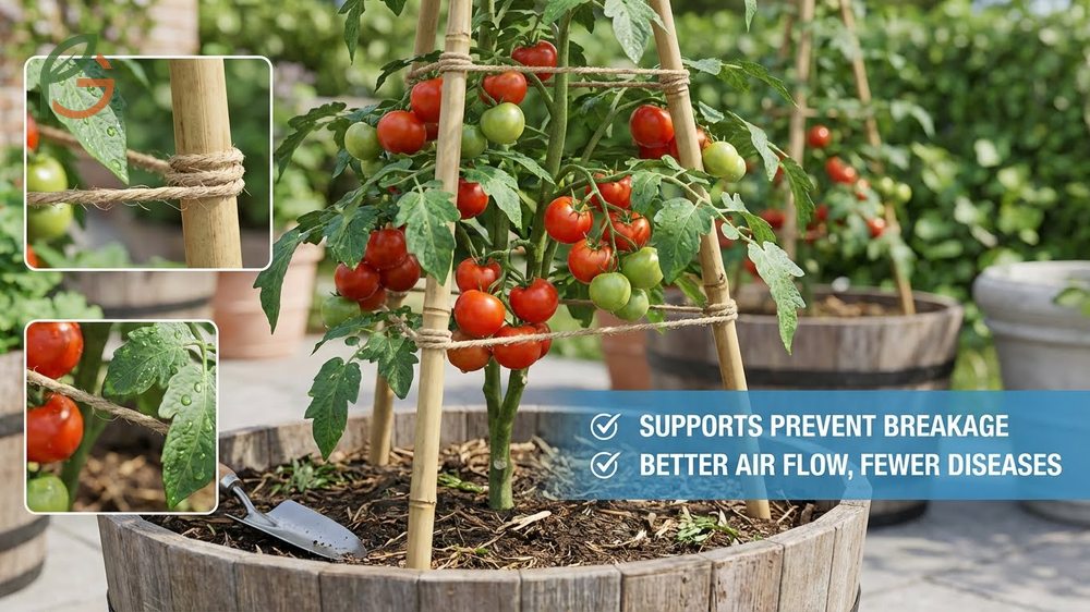 Growing cherry tomatoes in pots utilizing conical wire cages or bamboo stakes to keep heavy fruiting branches upright.