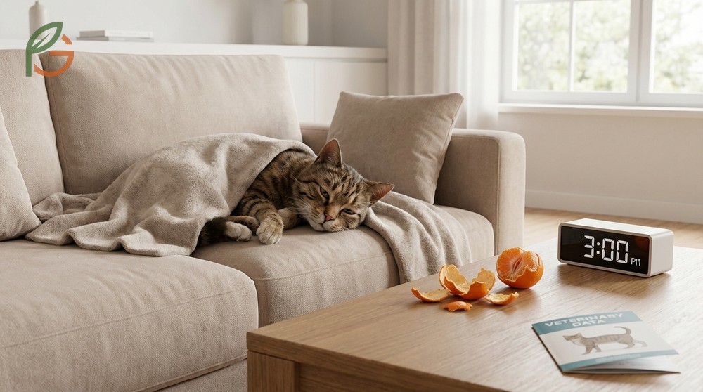Symptoms of citrus poisoning in cats including vomiting, drooling, and digestive upset appearing within 2-6 hours of ingestion.