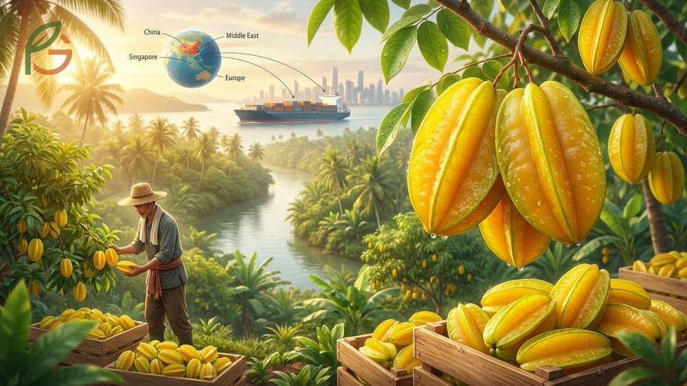 Tropical fruit facts highlighting Malaysia as the leading global producer of commercial starfruit.