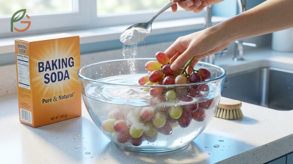 How to wash grapes with baking soda to degrade pesticide residues using an alkaline soaking solution.