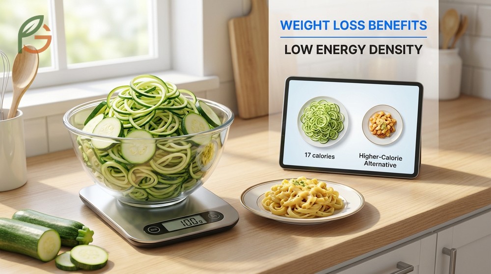 Weight loss benefits of zucchini due to low energy density of seventeen calories per hundred grams.