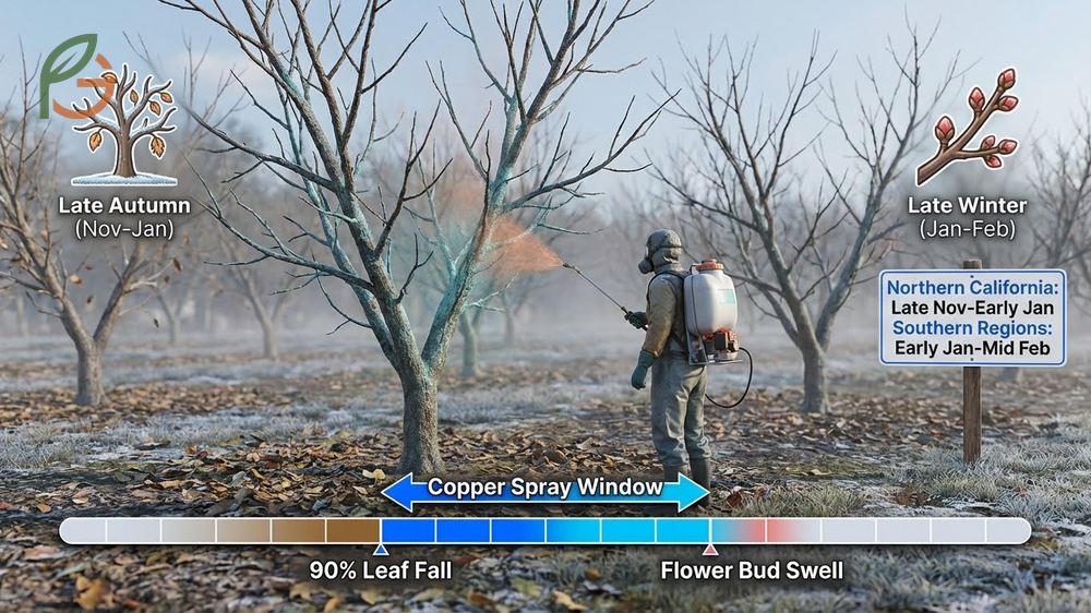 When to spray peach trees chart showing critical application windows from late fall through early spring.