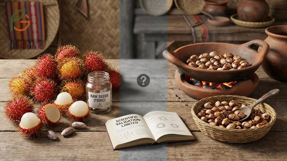 Are rambutan seeds edible research summarizing toxicity tests where roasted seed oil showed no mortality in rats at 5000 mg doses.
