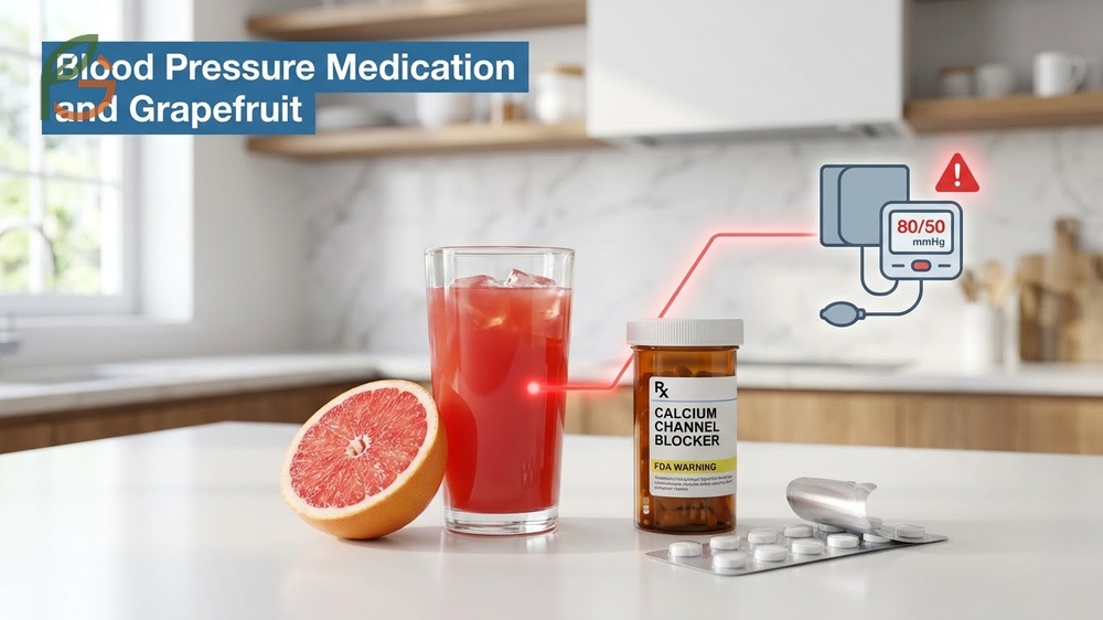 Blood pressure medication and grapefruit warning illustrating how calcium channel blockers interact with enzymes.