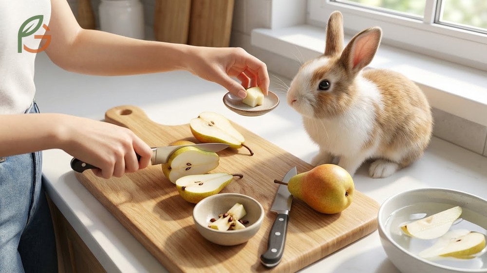 Can rabbits have pears safely by removing toxic seeds and cores before serving small inch-sized cubes.