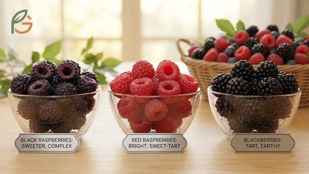 Comparing raspberry flavors where black raspberries offer more complexity and sweetness than tart red varieties.