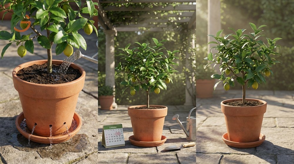 Container lemon repotting aftercare requires placing the tree in a shaded location for 3 to 5 days.