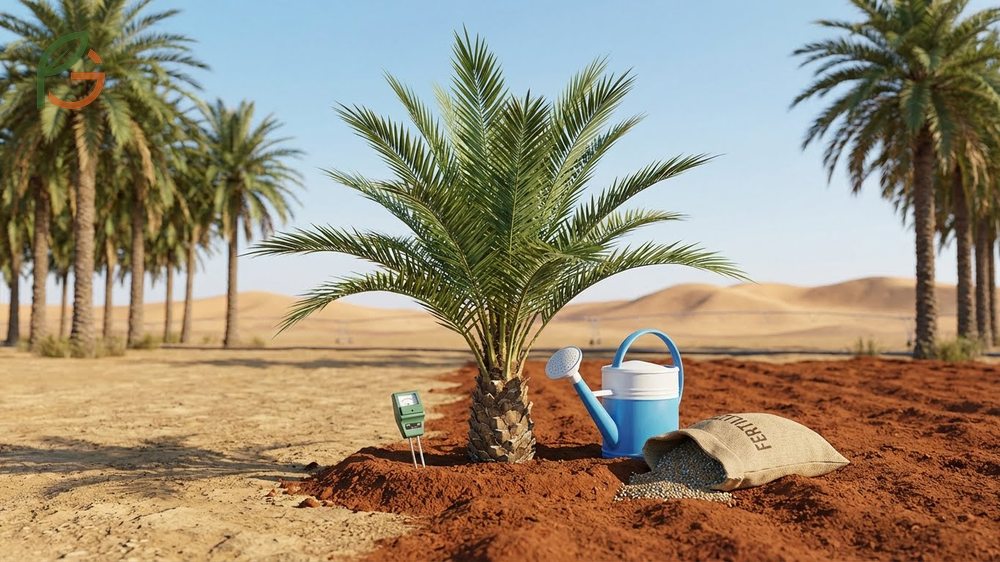 Date palm care involves deep watering 2 to 3 times weekly for young trees to encourage deep root growth and prevent fungal issues.