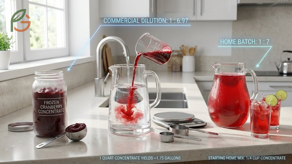 Dilution ratios for frozen cranberry concentrate showing the standard one part concentrate to water mixture for optimal flavor.