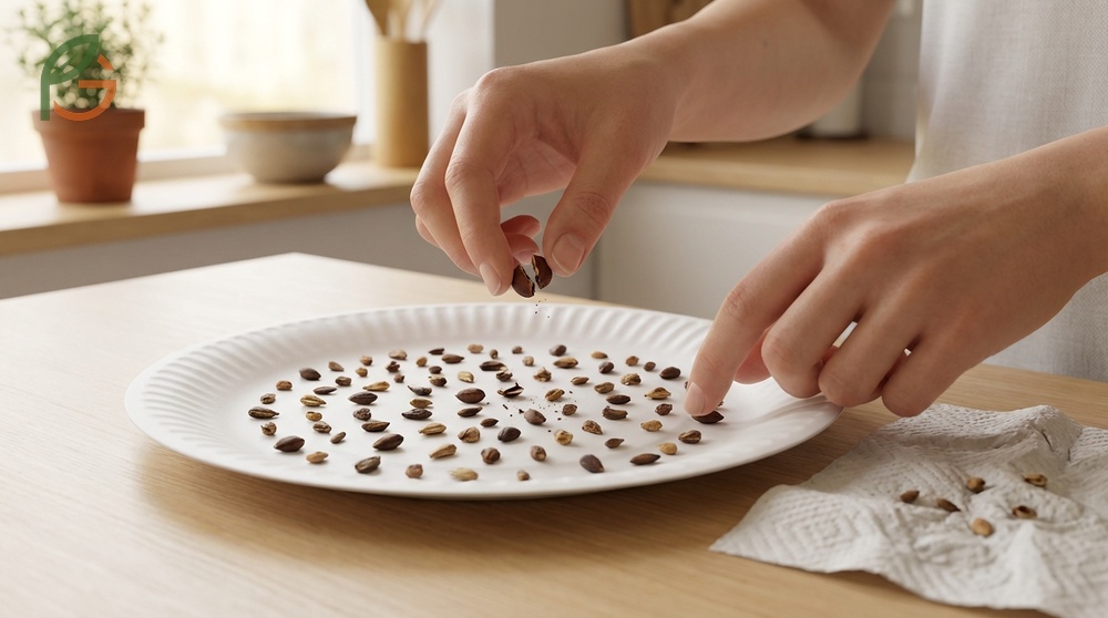 Drying tomato seeds on paper plates for 7 to 10 days until they snap ensures they are ready for storage.