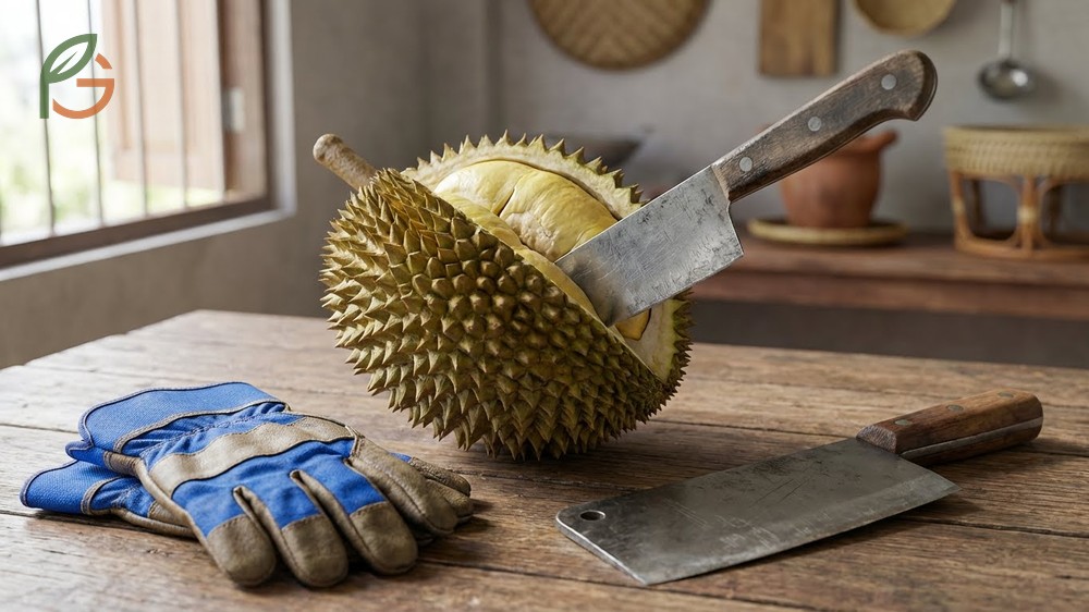 Durian opening tools recommendation includes an 8 to 10 inch chef knife or cleaver for best leverage.