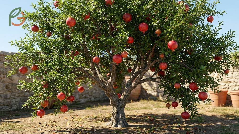 Full grown pomegranate tree size reaches 10 to 15 feet for standard varieties like Wonderful.