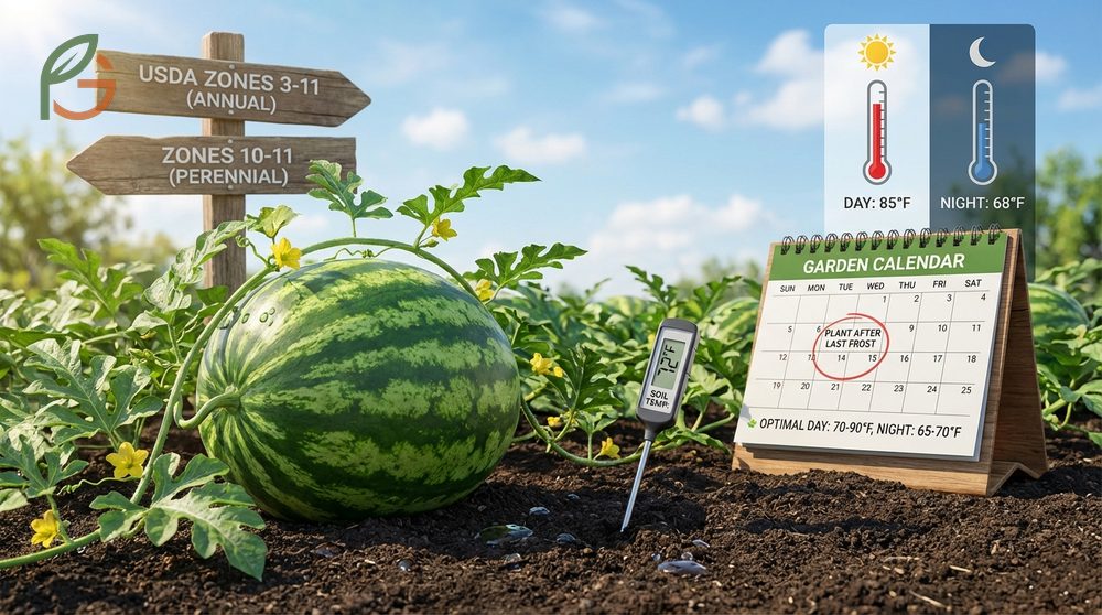 Growing zones for watermelon types range from USDA zones 3 to 11 with optimal daytime temperatures of 70 to 90 degrees F.