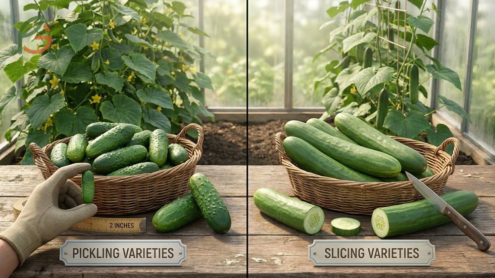 Comparison of small two inch pickling cucumbers and large eight inch slicing cucumbers ready for picking.