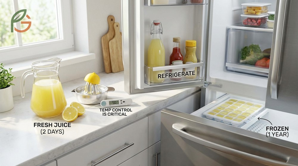 Fresh squeezed lemon juice lasts only two to four days in the fridge compared to months for bottled juice.