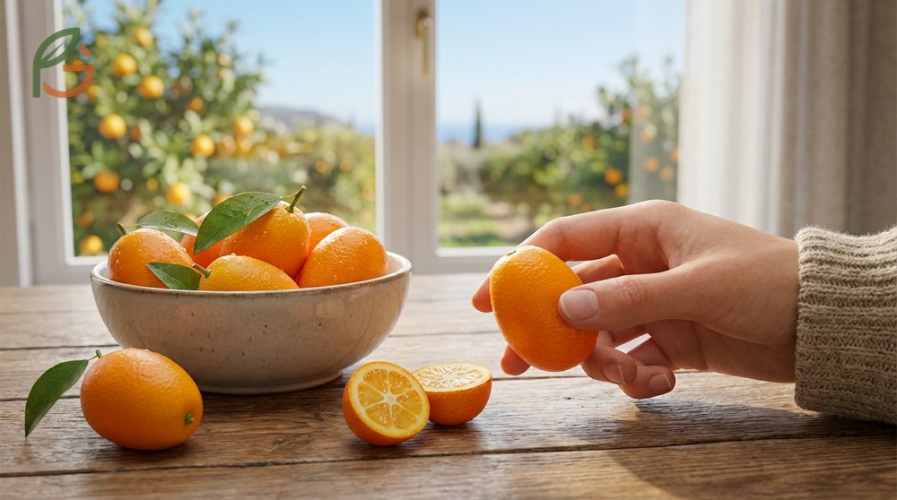 How to eat a kumquat preparation steps involving washing and rolling the fruit to release essential oils.