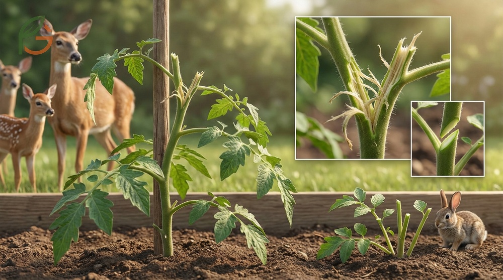 Identifying deer damage involves looking for ragged torn leaves and browse lines up to 6 feet high on tomato plants.