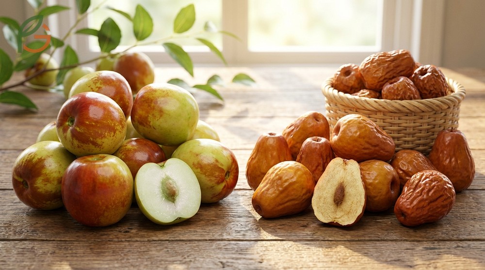 Li vs lang jujube varieties comparison where Li produces 50 percent larger fruit than the pear shaped Lang variety.
