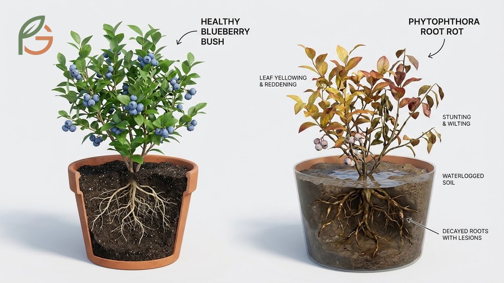 Root rot in blueberries causes leaf reddening and stunting due to decayed roots unable to absorb enough water.