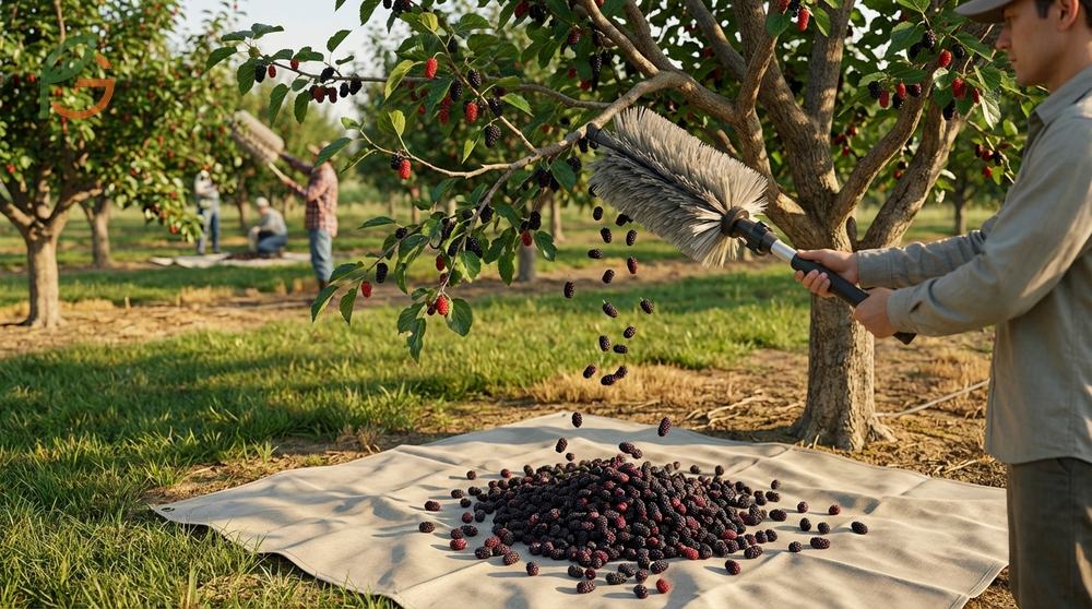 Picking mulberry fruit using a rhythmic shaking technique that yields 3-4 times more berries per hour than hand picking.
