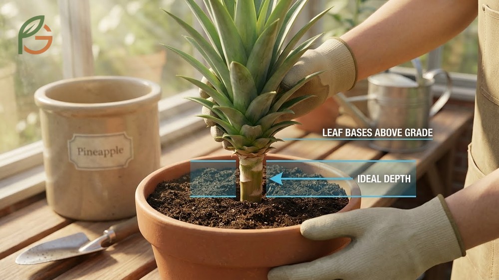 How to grow a pineapple by planting the rooted crown at the correct depth in well draining soil.