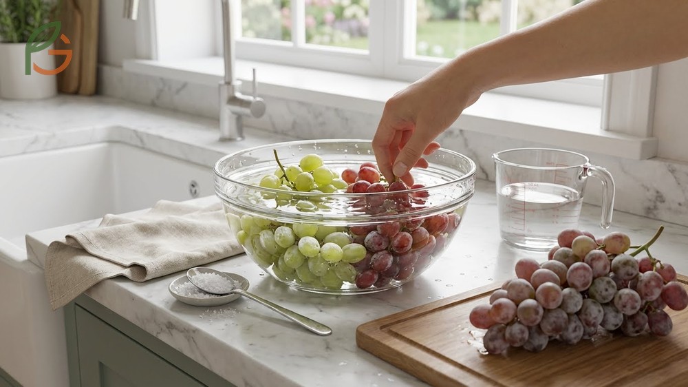 Removing wax from grapes using salt water or baking soda soaks to clean the natural bloom.