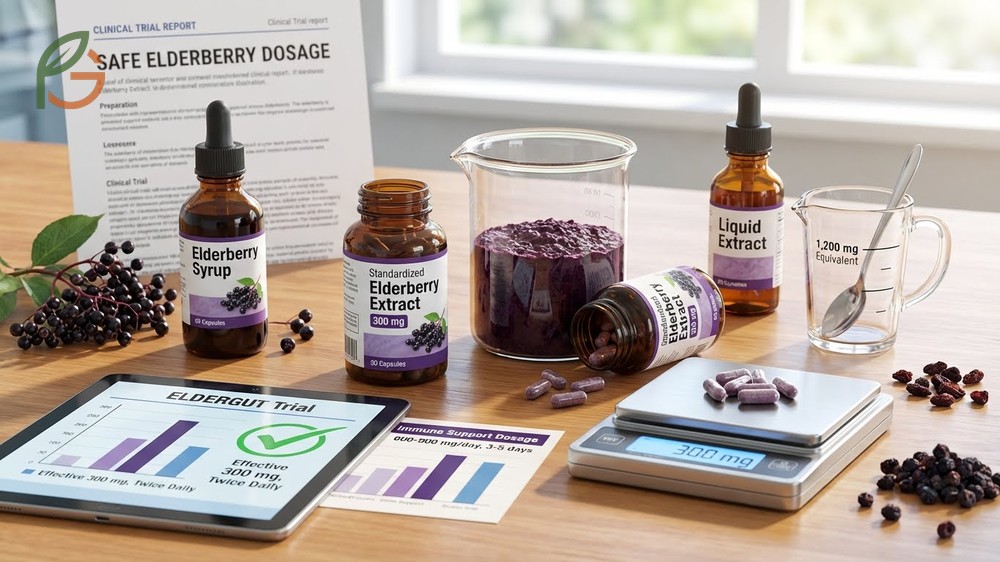 Safe elderberry dosage guidelines recommending standardized extracts and proper preparation for immune support.