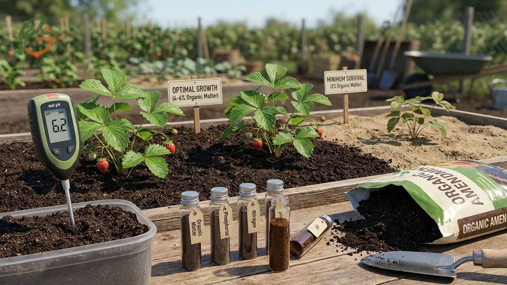 Adding organic compost to garden beds to meet strawberry soil requirements for moisture retention.