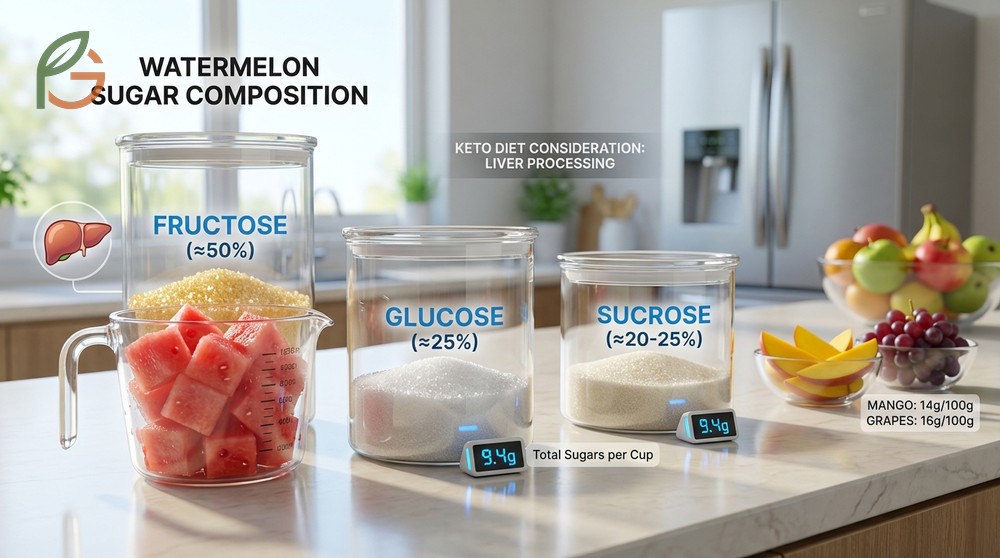 Watermelon sugar content features 9.4g simple sugars per cup with high fructose requiring liver metabolism.
