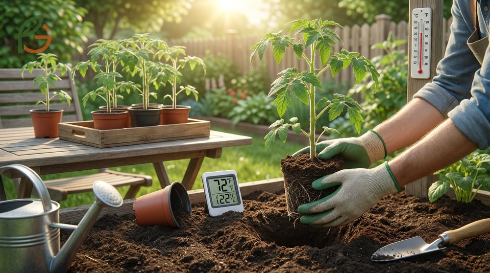 When to plant tomato plants outdoors requires waiting for night temperatures to stay above 50 degrees Fahrenheit.