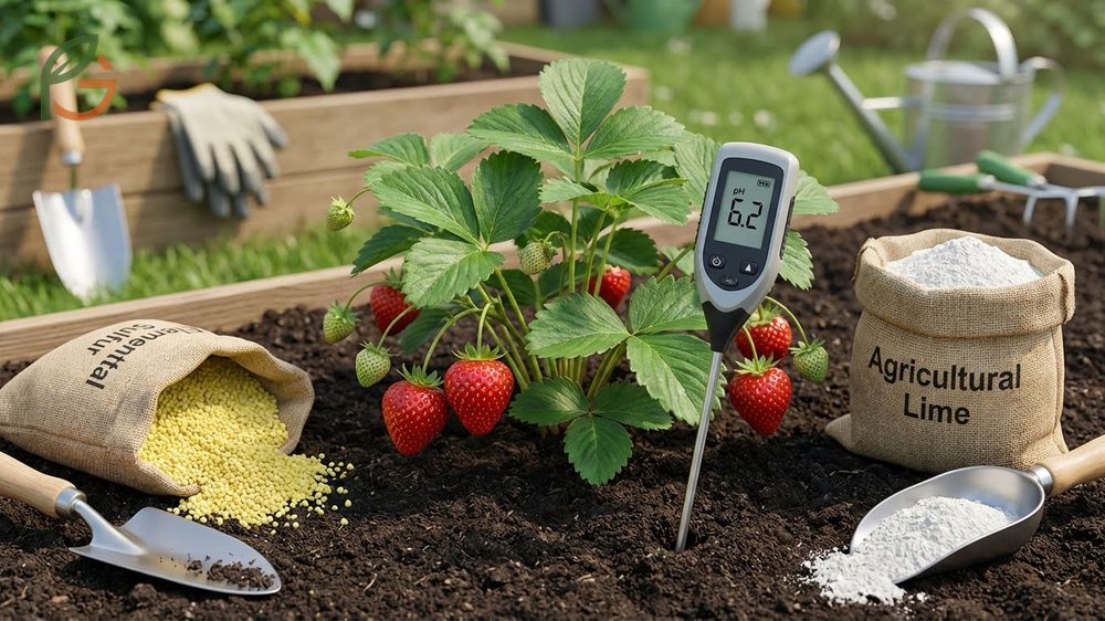 Testing soil pH levels to ensure the acidic environment strawberries need for nutrient uptake.
