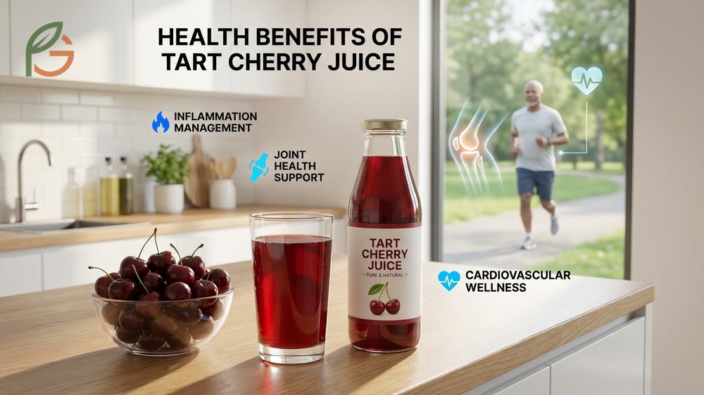 Benefits of tart cherry juice for health include lowering uric acid levels and relieving gout flare ups.