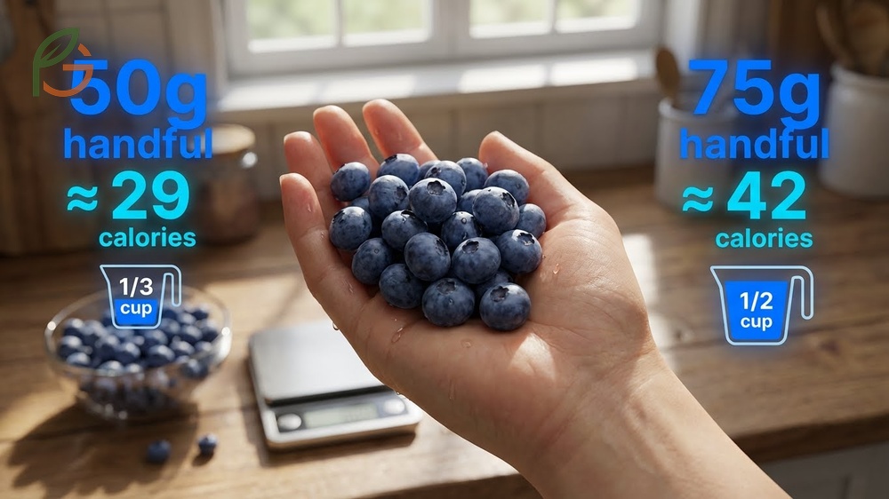 Calories in a handful of blueberries range from 29 to 42 calories depending on the size of the handful.