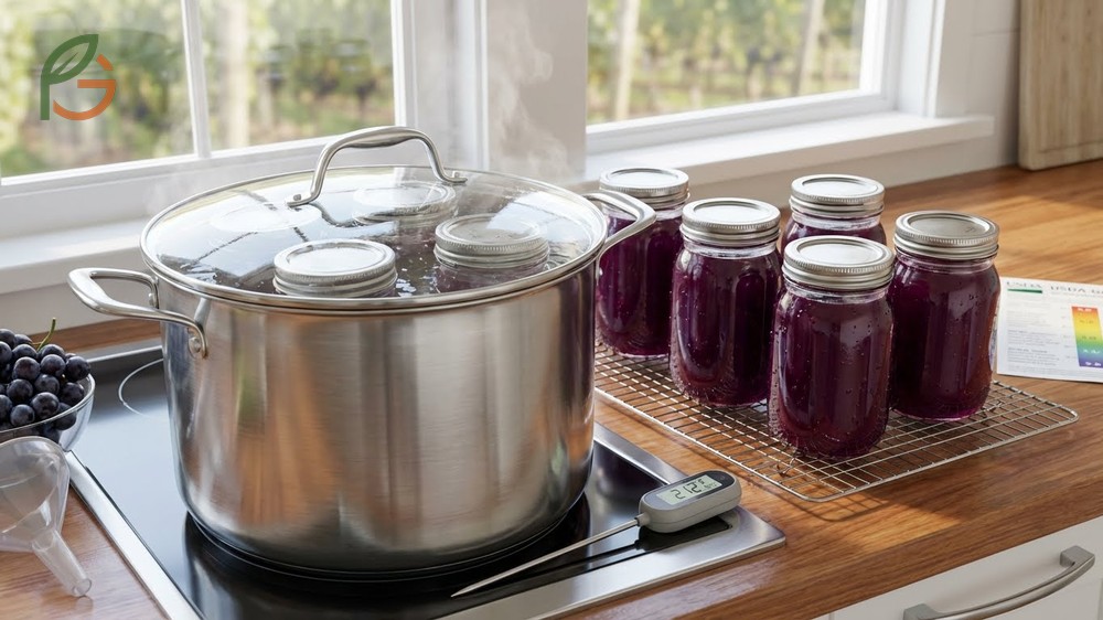 Canning grape juice process using water bath equipment to heat jars to 212 degrees Fahrenheit for safety.