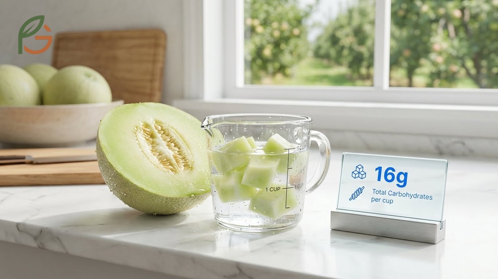 Carbs in honeydew melon analysis showing 16g total carbs and 1.4g dietary fiber per serving.