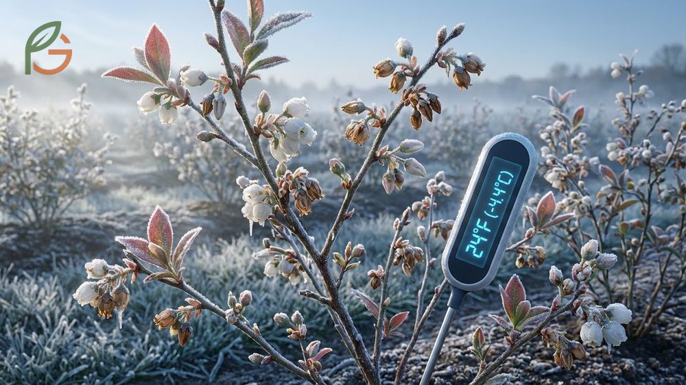 Cold stress on blueberry plants damages buds below 28 degrees Fahrenheit causing sudden reddish or brown leaf edges.