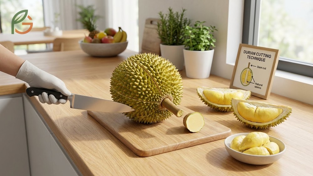 Cutting durian technique follows natural seam lines to preserve up to 15 percent more edible flesh.