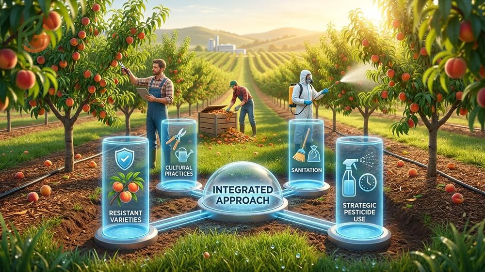 Disease prevention strategies emphasizing resistant peach varieties and proper orchard sanitation methods.