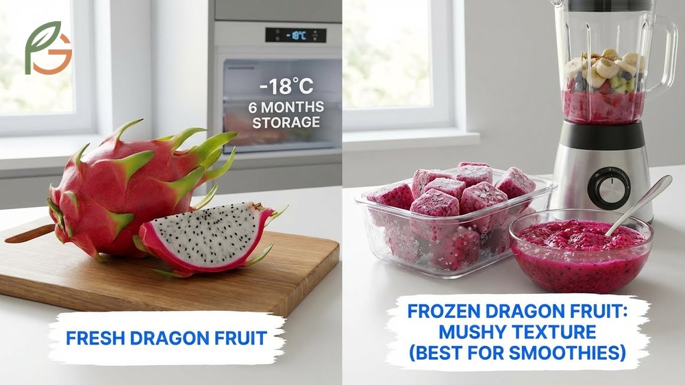 Freezing dragon fruit using the flash freeze method prevents clumping and maintains antioxidant quality for 6 months.