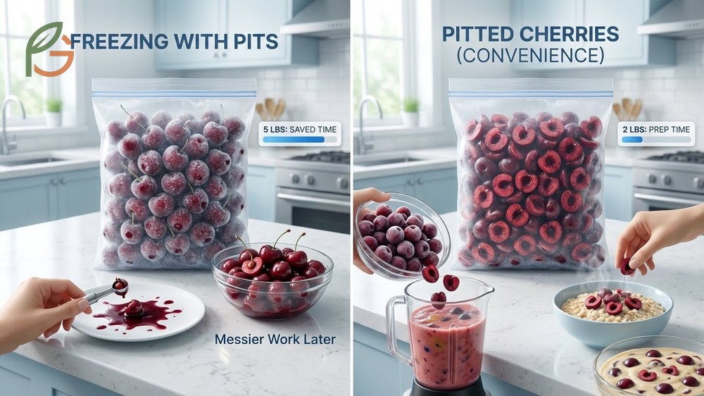Freezing pitted vs unpitted cherries comparison highlighting convenience for baking versus time saving during preparation.