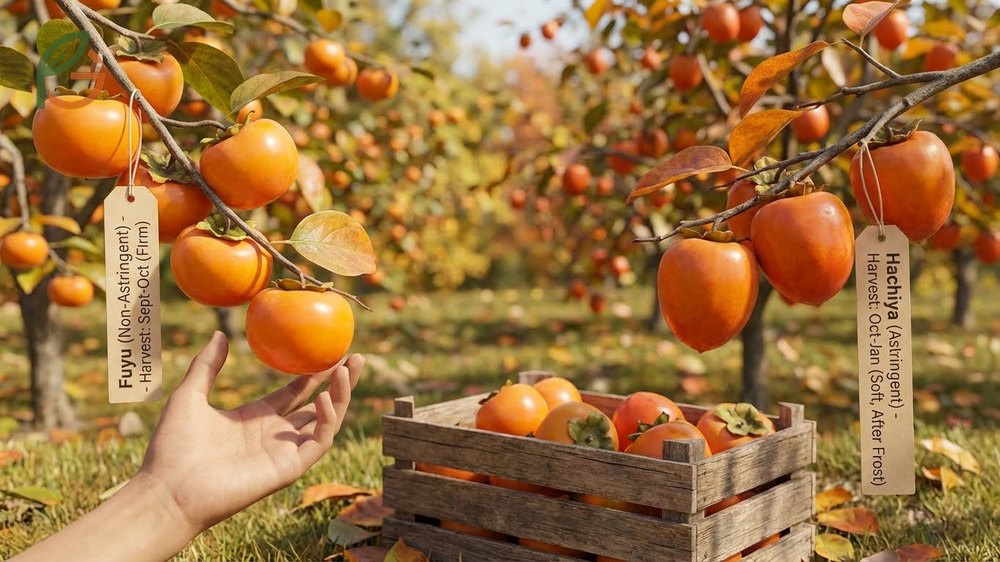 When to harvest persimmons depends on the variety with non-astringent Fuyus ready in October and astringent Hachiyas later.