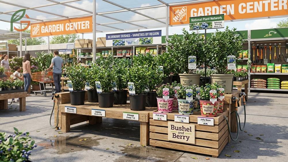 Home Depot blueberry bush selection includes popular varieties like Bluecrop and Pink Icing in two gallon containers.
