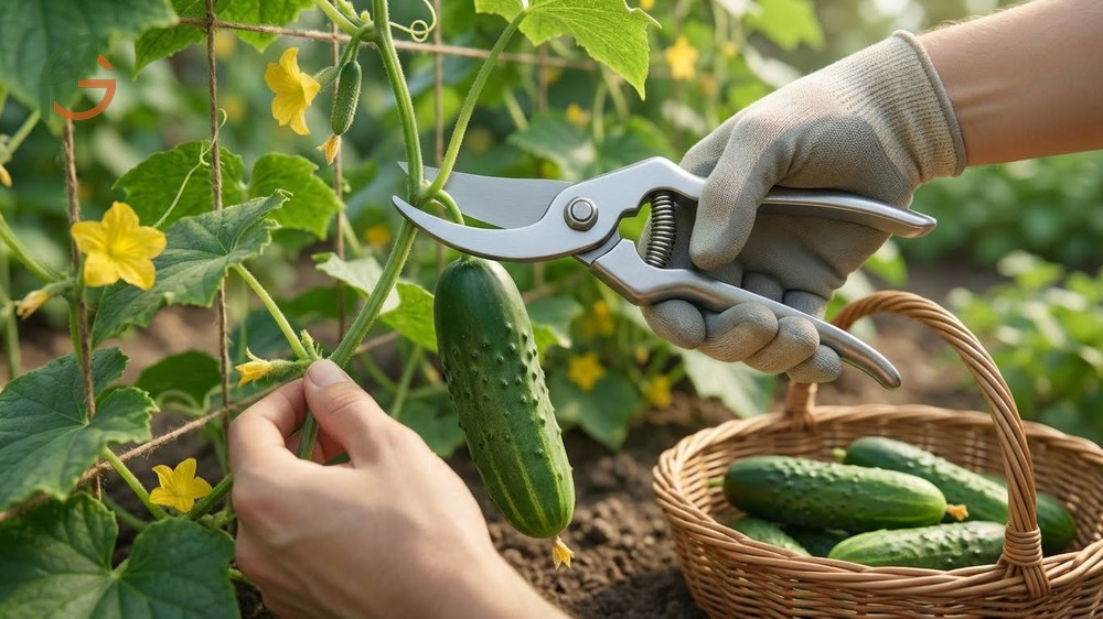Gardener using sharp pruning shears to cut a cucumber stem one inch above the fruit to prevent vine damage.