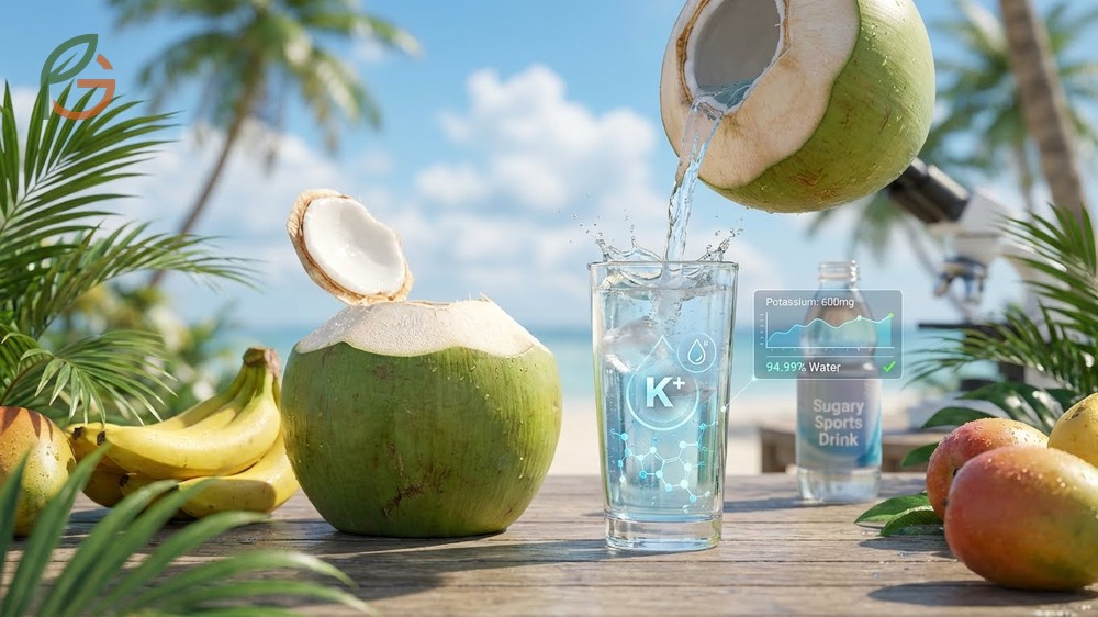 Is coconut water good for you for hydration containing 94.99% water and 600mg potassium per cup to support cellular function.