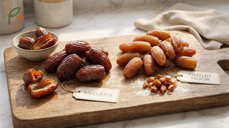 Medjool vs Deglet Noor dates compared showing texture differences with Medjools having 277 calories per 100g.
