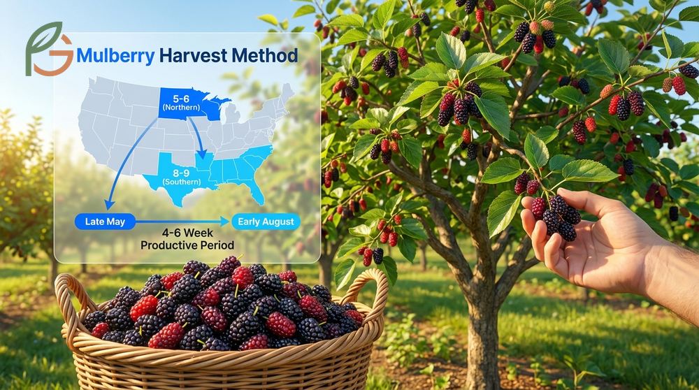 Mulberry harvest method focuses on early morning sessions between 7-10 AM to preserve fruit firmness and shelf life.