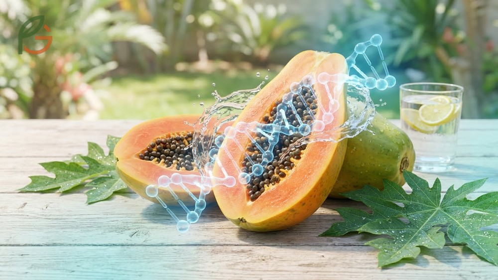 Fresh papaya application concepts for skin hydration and digestive support using natural fruit enzymes and vitamins.