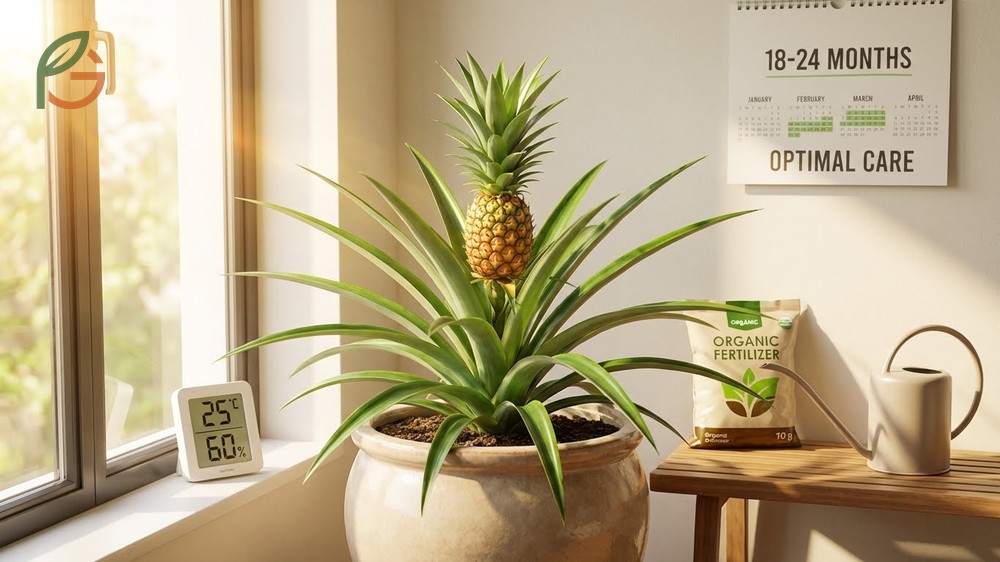 How to grow a pineapple successfully requires bright light and consistent watering for 18 months.