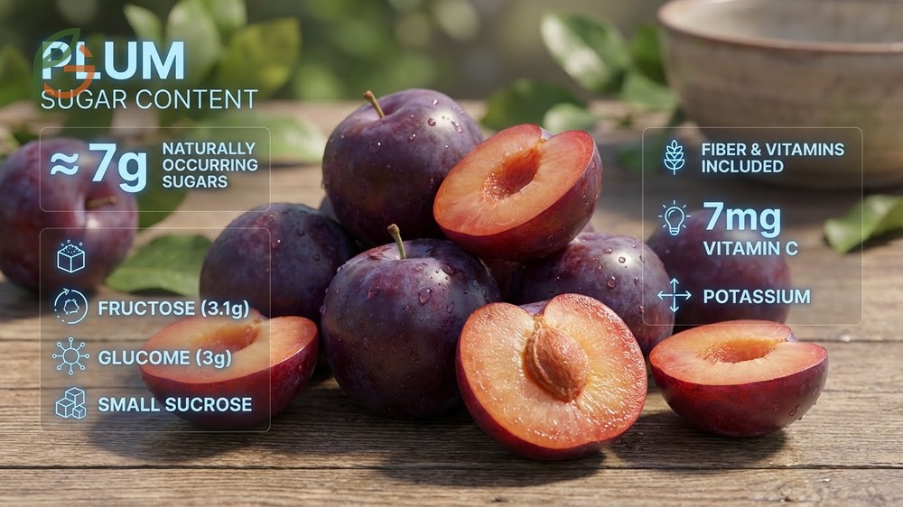 Plum sugar content containing 7g of natural sugars balanced with fiber and vitamin C.