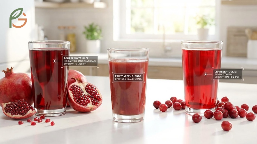 Pomegranate juice vs cranberry juice highlighting potassium difference of 214mg vs 77mg.
